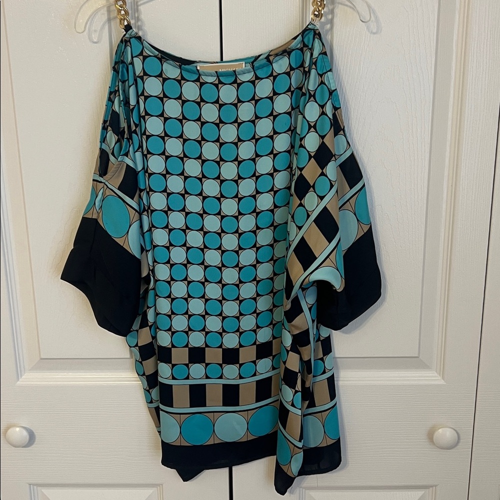 Michael Kors Turquoise and Black Geometric Chain-Shoulder Blouse